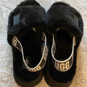 Ugg NWT black furry sling back sandals.